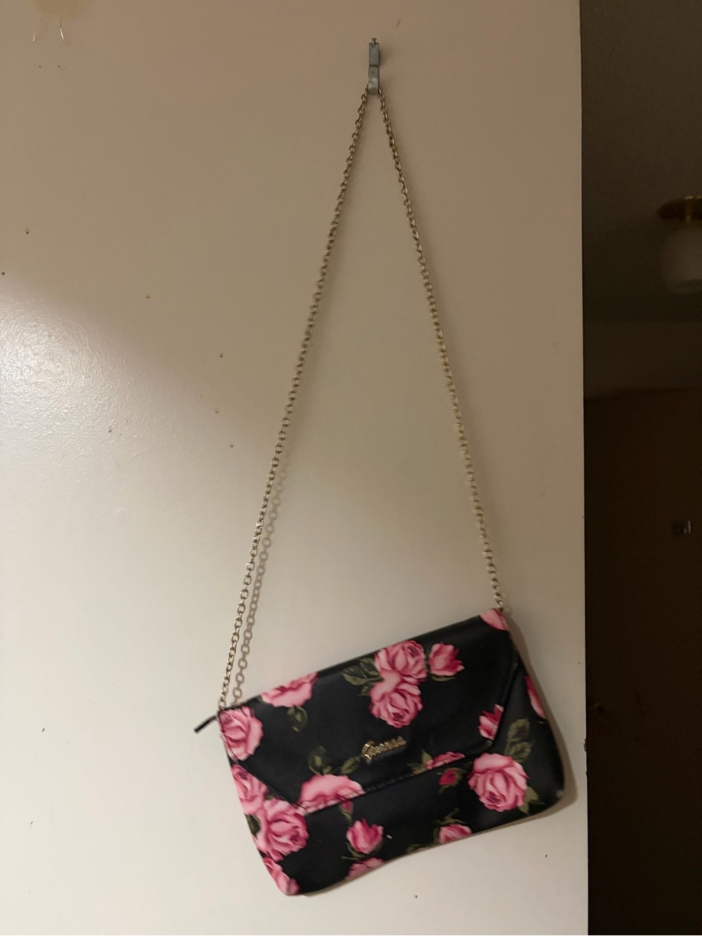 Floral Chain Crossbody Bag - Black with Pink Roses GUESS
